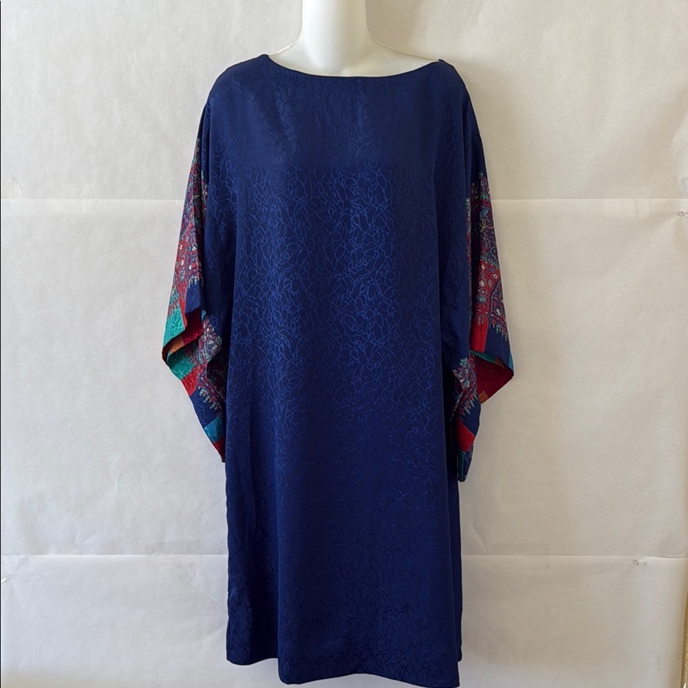 LA CHEMISE Blue Kaftan Tunic Dress Made in USA One Size Boho Kimono Sleeves Arts